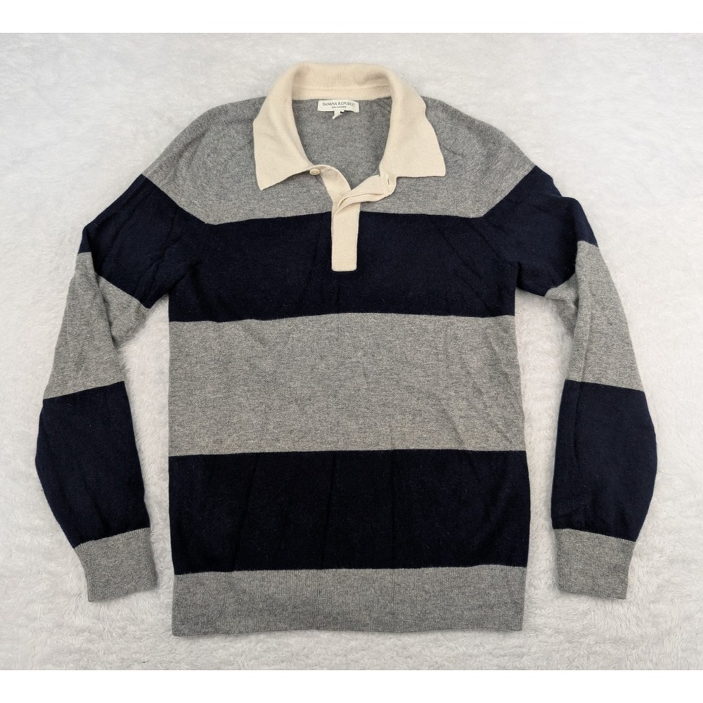 Banana Republic Polo Sweater Men's S Grey/Blue Striped 100% Cashmere Long Sleeve